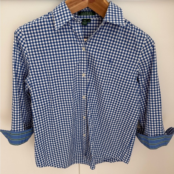 Ralph Lauren Tops - Ralph Lauren Blue & White Gingham 3/4 Sleeve Button-Down Shirt